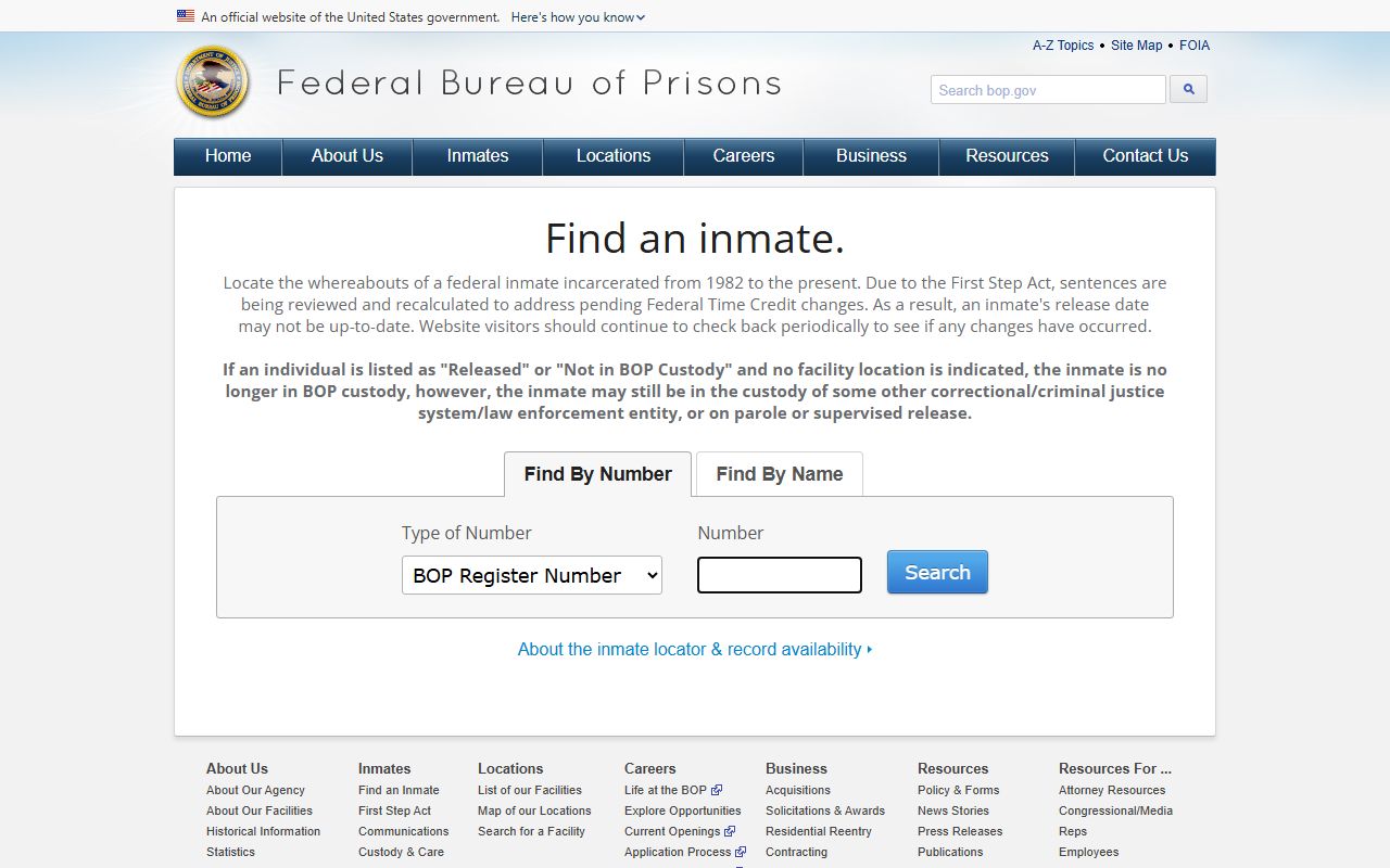 BOP inmate locator number and name search tabs